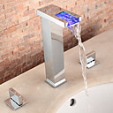 Two Handles LED Hydroelectric Widespread Waterfall Sink Faucet