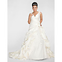 Ball Gown V-neck Chapel Train Satin Plus Size Wedding Dress