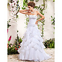 A-line Strapless Floor-length Appliques Side-Draped Tiered Wedding Dress