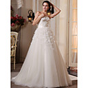 A-line Strapless Court Train Tulle Satin Wedding Dress