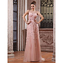 A-line Bateau Sweep Brush Train Tulle Over Chiffon Luxurious Dresses