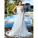 Sheath/Column Jewel Court Train Tulle Wedding Dress