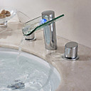 Two Handles Chrome Finish Color Changing LED Waterfall Widespread Bathroom Sink Faucet