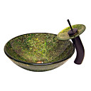 Seaweed Art Style gehärtetes Waschbecken aus Glas mit Wasserfall Wasserhahn, Einbauring und Wasser ablassen